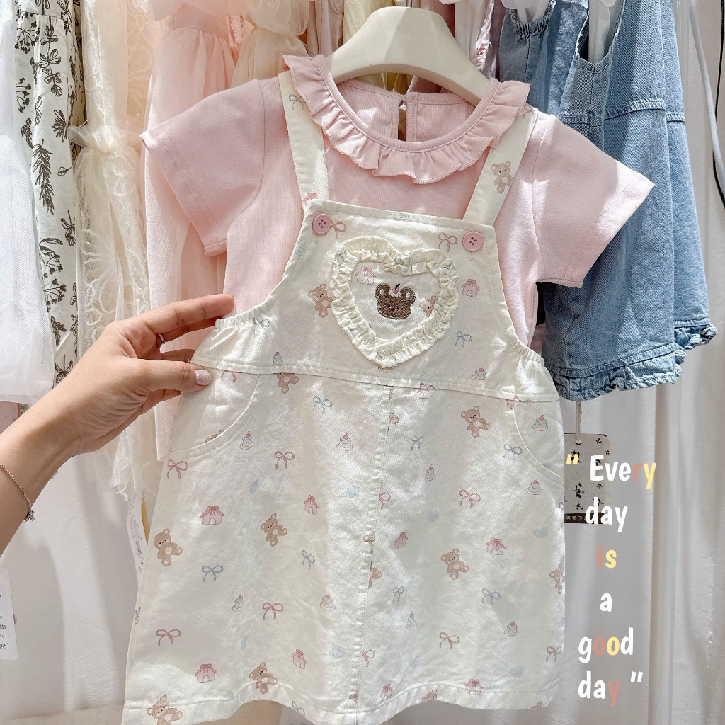 Sét Váy Yếm Bé Gái Dễ Thương Tệu Kids - Yếm Bé Gái Siêu Xinh Áo Coton Cổ Bèo Mùa Hè Cho Bé 11 - 21kg