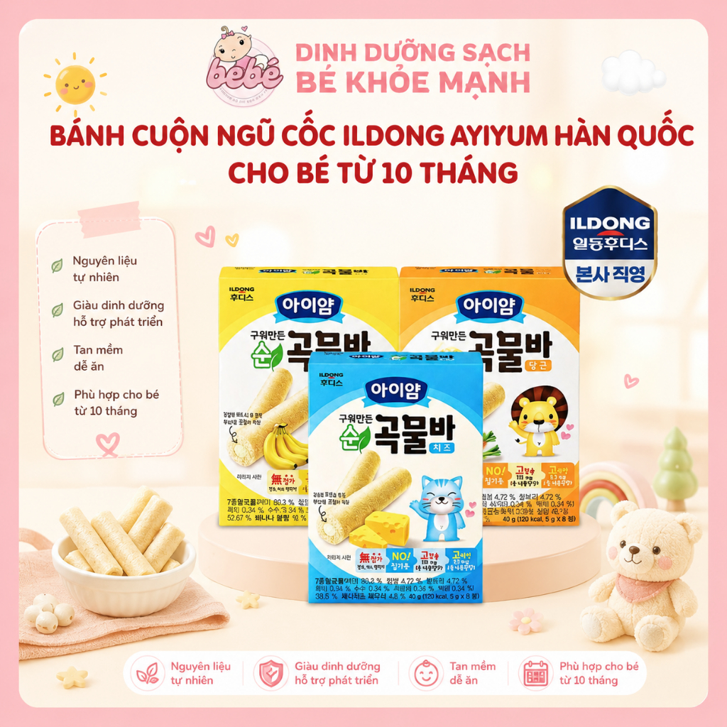 Bánh Cuộn Ngũ Cốc Ăn Dặm ILDONG Hàn Quốc Cho Bé 10M+. Bánh Nhân Kem Dễ Tan 40g