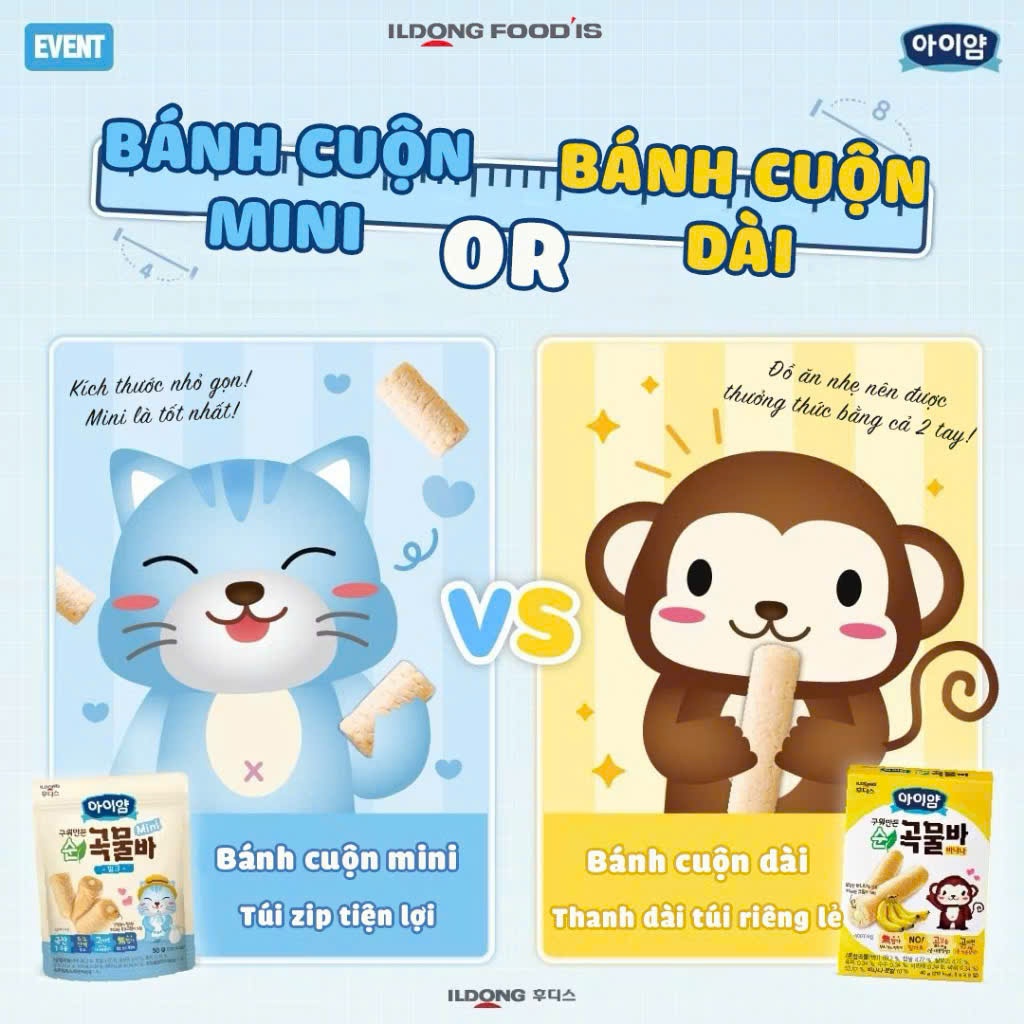 Bánh Cuộn Ngũ Cốc Ăn Dặm ILDONG Hàn Quốc Cho Bé 10M+. Bánh Nhân Kem Dễ Tan 40g