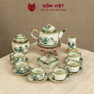 Bộ ấm chén vẽ tay dáng chữ thập nhiều họa tiết, dung tích 470ml - Gốm sứ Bát Tràng - Gốm Việt