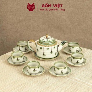Bộ ấm chén vẽ tay dáng chữ thập nhiều họa tiết, dung tích 470ml - Gốm sứ Bát Tràng - Gốm Việt