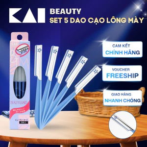 Set 5 dao cạo lông mày lông mặt Kai Kazor BTM Beauty Guar thân kim loại màu xanh có lưới bảo vệ và nắp nhựa bảo vệ