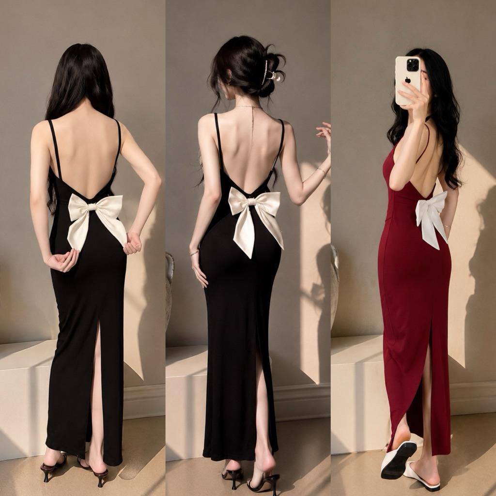 Xuanmaishop Đầm DÂY XẺ TÀ NƠ TRẮNG SAU sẵn MÚT dáng xẻ tà đuôi cá nơ sau hở lưng chất thun ladong