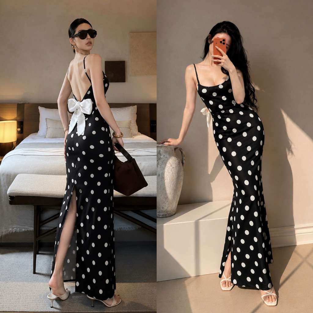 Xuanmaishop Đầm DÂY XẺ TÀ NƠ TRẮNG SAU sẵn MÚT dáng xẻ tà đuôi cá nơ sau hở lưng chất thun ladong