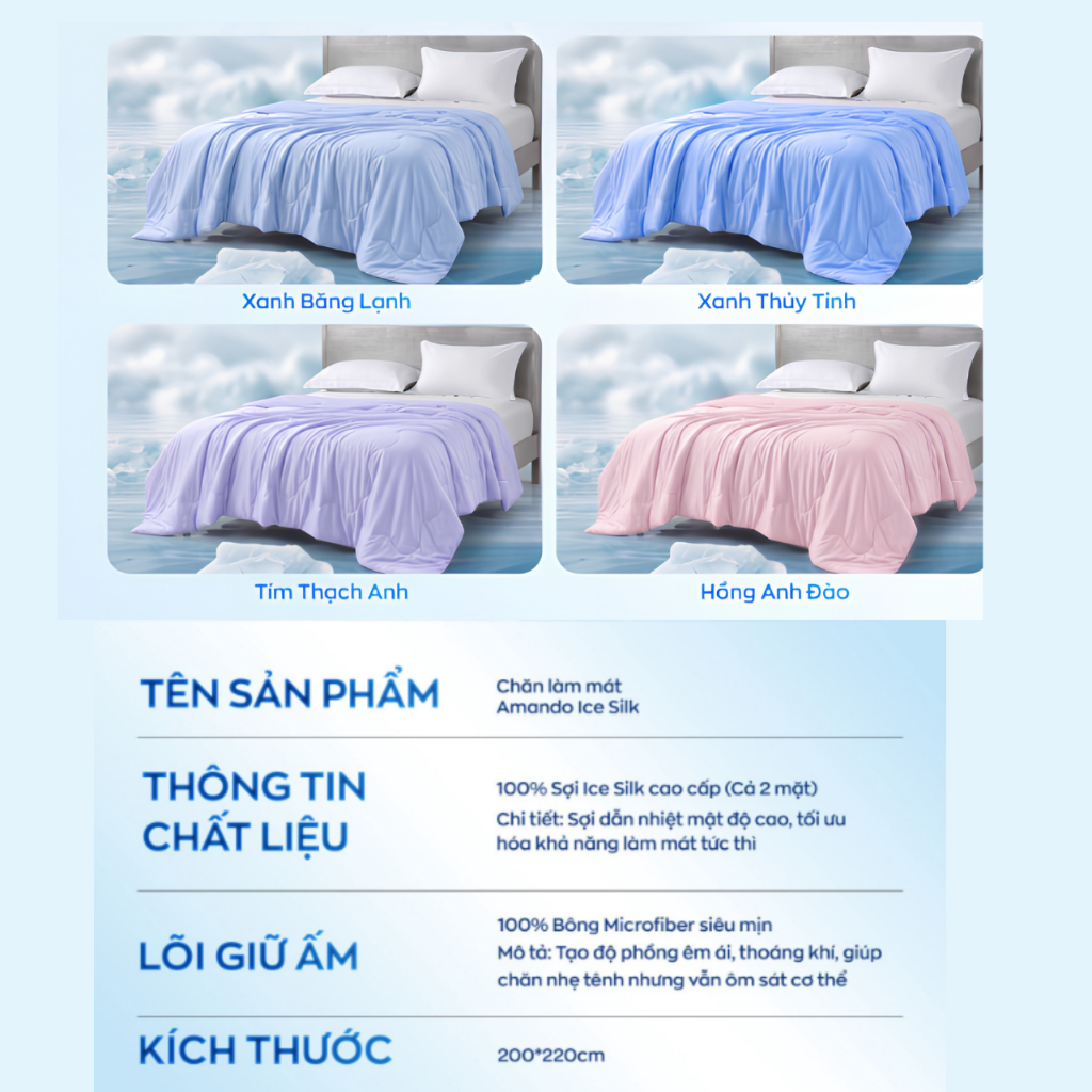 [VOUCHER TẠI LIVE] Chăn Điều Hòa Cao Cấp Amando Ice Silk 2mx2m2, Chăn Mùa Hè Mát Lạnh, Chăn Chần, Mền Lạnh, Chăn Lạnh
