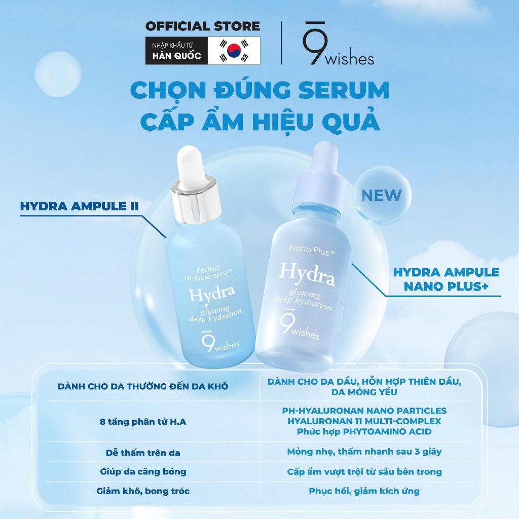 [VHL x 9 Wishes] COMBO 02 Serum 9Wishes dưỡng ẩm Hydra II/Nano Ampule 30ml + Quà 1 Bông tẩy trang 200 pads
