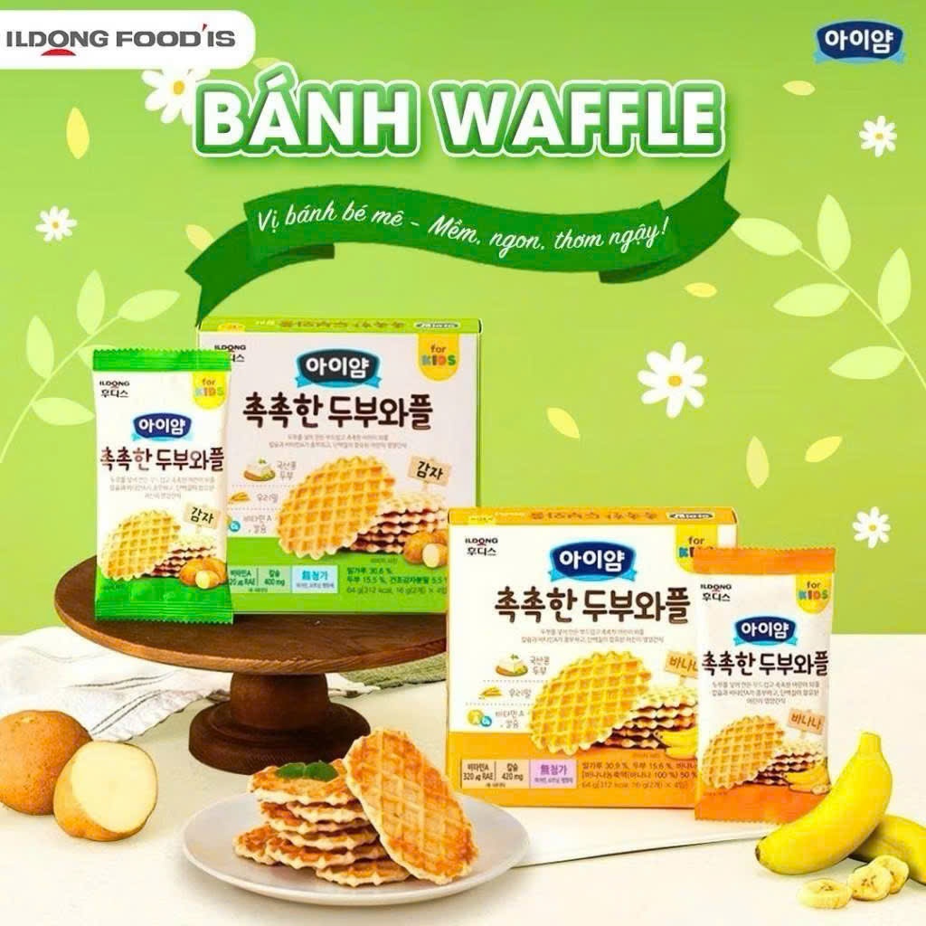 Bánh Waffles Đậu Hũ Non ILDONG Hàn Quốc Cho Bé 12M+. Bánh Quế Ăn Dặm Mềm Xốp 64g