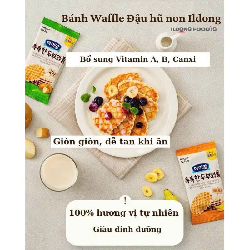 Bánh Waffles Đậu Hũ Non ILDONG Hàn Quốc Cho Bé 12M+. Bánh Quế Ăn Dặm Mềm Xốp 64g