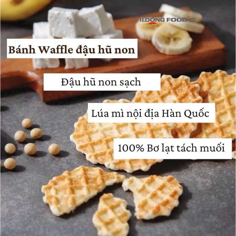 Bánh Waffles Đậu Hũ Non ILDONG Hàn Quốc Cho Bé 12M+. Bánh Quế Ăn Dặm Mềm Xốp 64g
