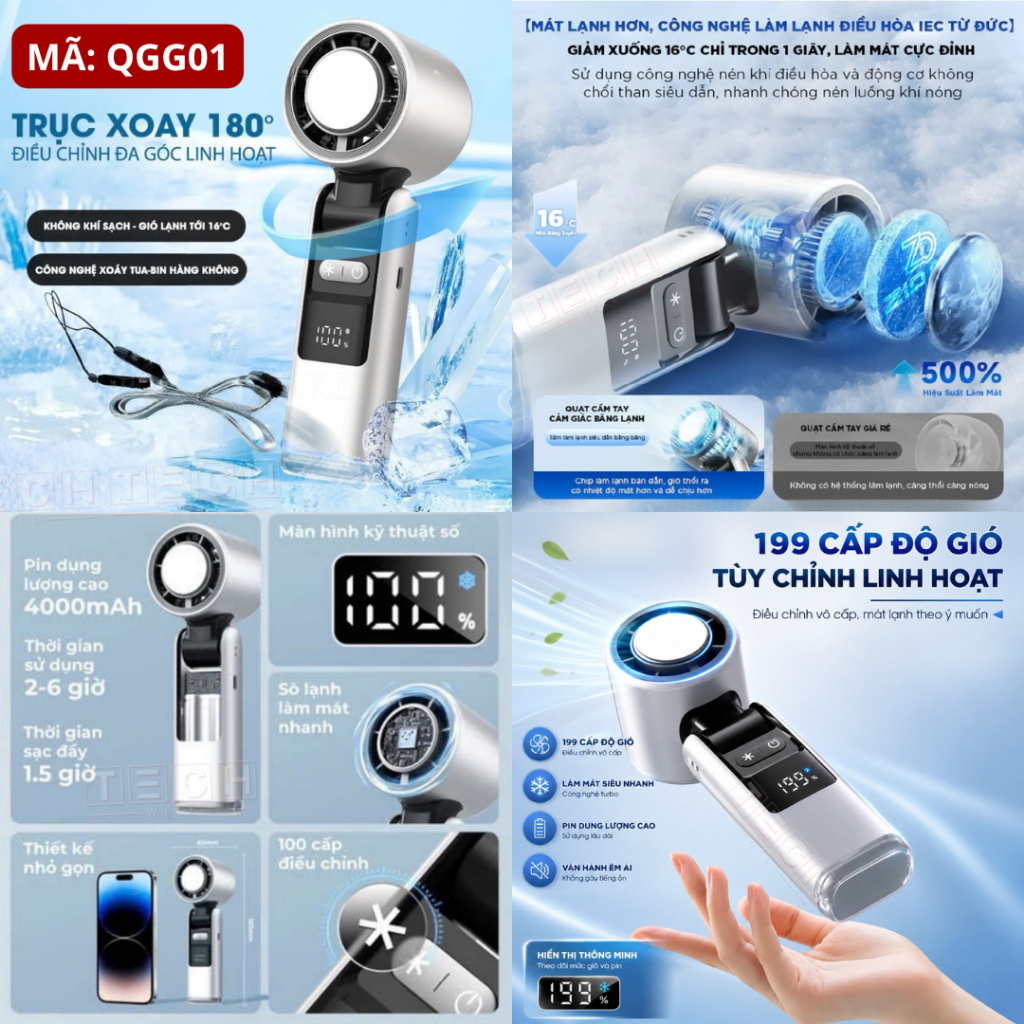 Quạt Cầm Tay Mini Tích Điện Có Sò Lạnh, Quạt Mini 199 Cấp Độ Gió Siêu Mạnh Pin Trâu, Xoay Gập 180°C