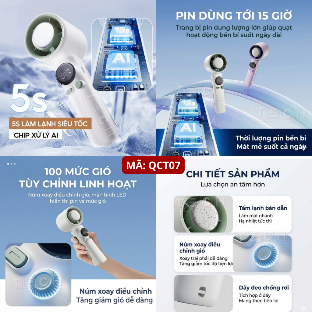 Quạt Cầm Tay Mini Tích Điện Có Sò Lạnh, Quạt Mini 199 Cấp Độ Gió Siêu Mạnh Pin Trâu, Xoay Gập 180°C