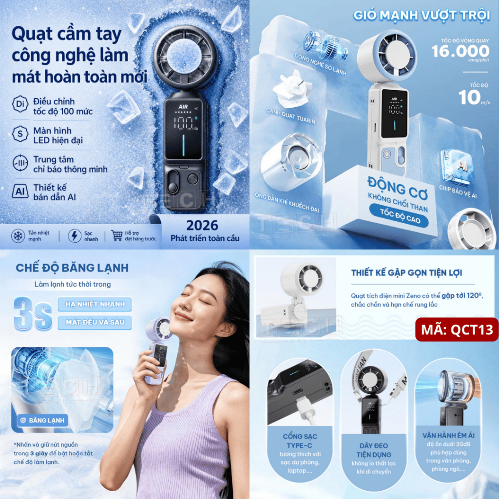Quạt Cầm Tay Mini Tích Điện Có Sò Lạnh, Quạt Mini 199 Cấp Độ Gió Siêu Mạnh Pin Trâu, Xoay Gập 180°C