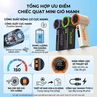 Quạt Cầm Tay Mini SUEER PRO - Công Nghệ Tua-Bin Siêu Tốc, 150 Cấp Độ Gió, Màn Hình LED Kỹ Thuật Số, Pin 4000mAh Siêu Bền
