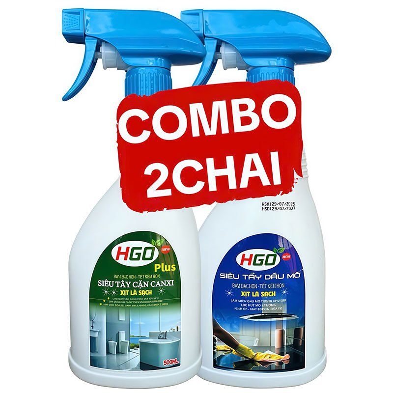 [COMBO 2 CHAI] Tẩy Cặn Canxi Nhà Tắm + Tẩy Dầu Mỡ Nhà Bếp COMBO HGO