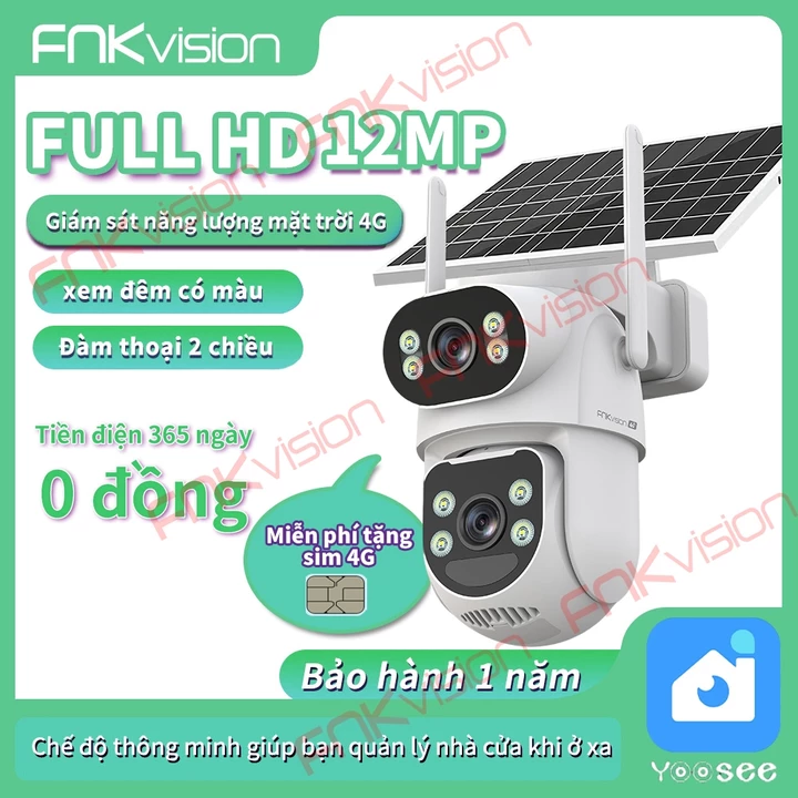 Camera năng lượng mặt trời 4G Yoosee, 2 mắt 12MP D38Z/4G , xoay chuyển quan sát 360 độ, bảo hành 12 tháng