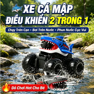 XE ĐIỀU KHIỂN TỪ XA CÓ PHUN NƯỚC HÌNH CÁ MẬP - 2 TRONG 1 LỘI NƯỚC & CHẠY ĐỊA HÌNH, LỐP CỠ LỚN LEO DỐC, SẠC USB ĐỒ CHƠI T