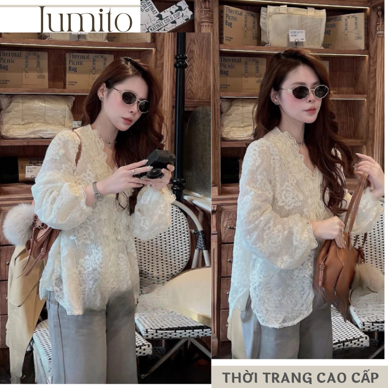 Áo kiểu ren tiểu thư tay dài bo chun bèo nhún vạt suông mặc đi học công sở đi làm phong cách lady style HCOM27087