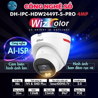 Camera IP 4MP DAHUA DH-IPC-HDW2449T-S-PRO,Tích hợp mic,Tầm xa LED trắng thu hình có màu 30m