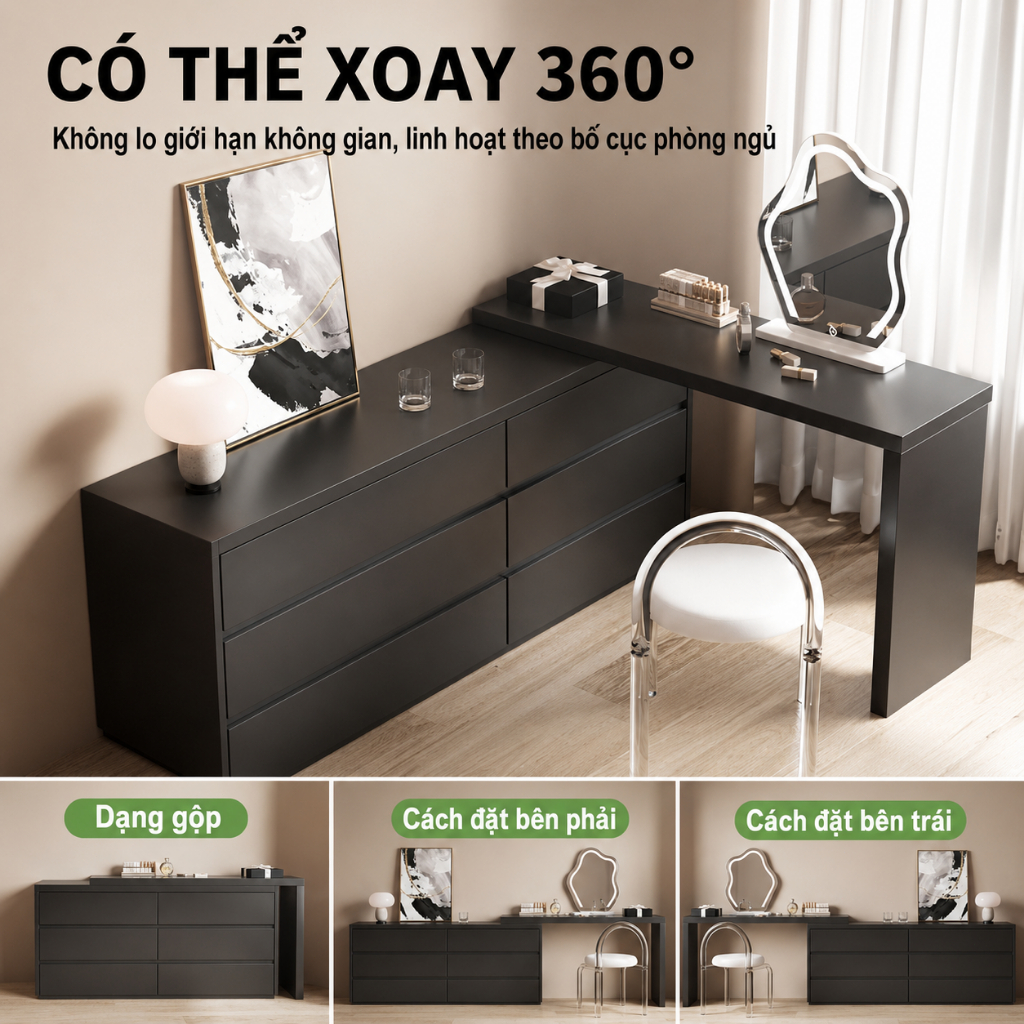 Bàn trang điểm xoay 360° CONOCO tủ ngăn kéo MDF chống ẩm bàn làm việc đa năng