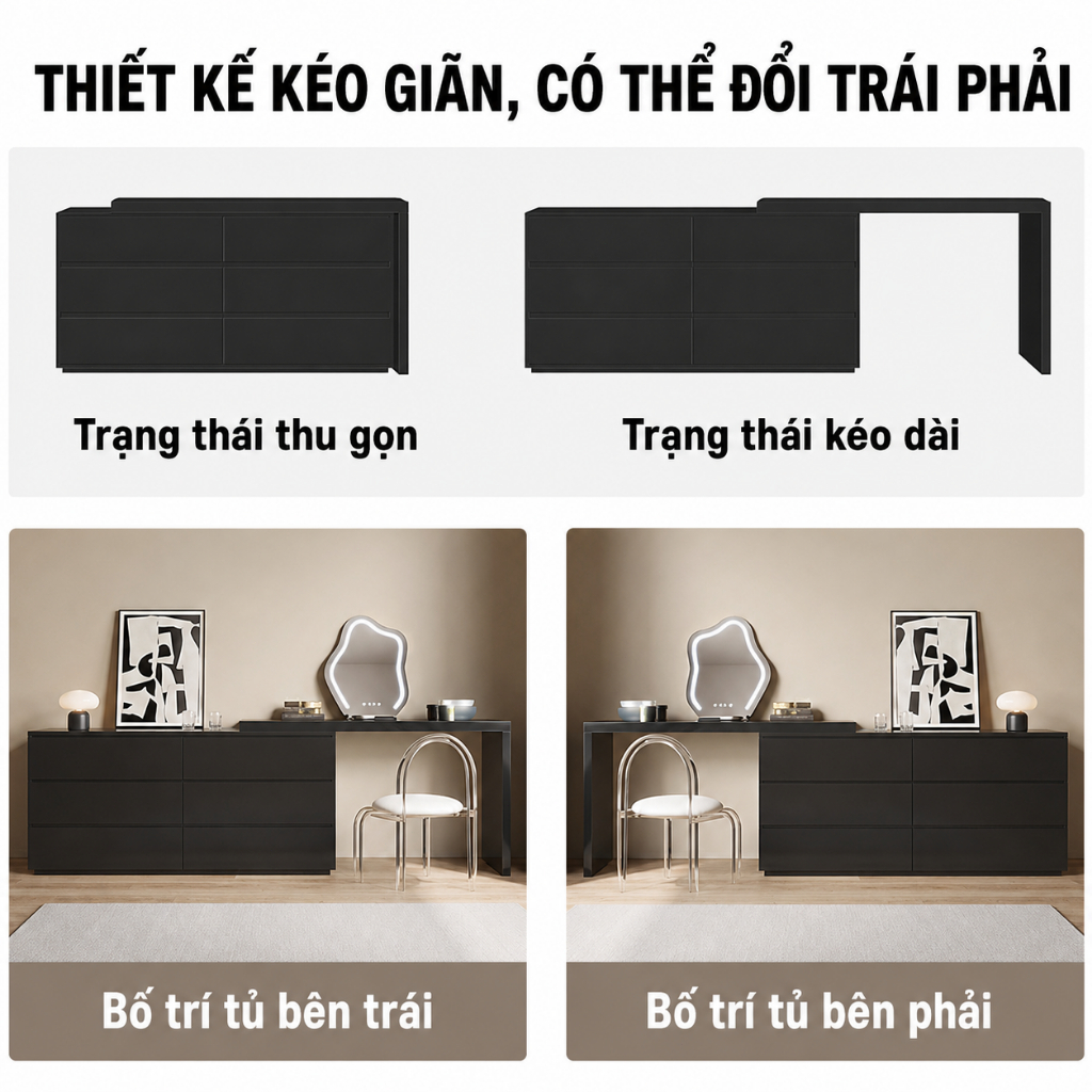 Bàn trang điểm xoay 360° CONOCO tủ ngăn kéo MDF chống ẩm bàn làm việc đa năng