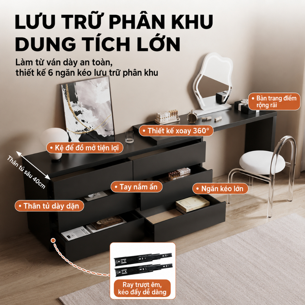 Bàn trang điểm xoay 360° CONOCO tủ ngăn kéo MDF chống ẩm bàn làm việc đa năng
