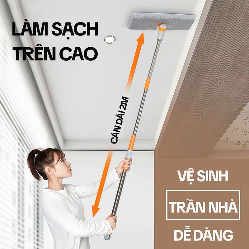 Cây Lau Trần Nhà KITIMOP CEILING, Cây Lau Tường Hình Chữ Nhật Xoay 360 Độ, Cán Dài 2M