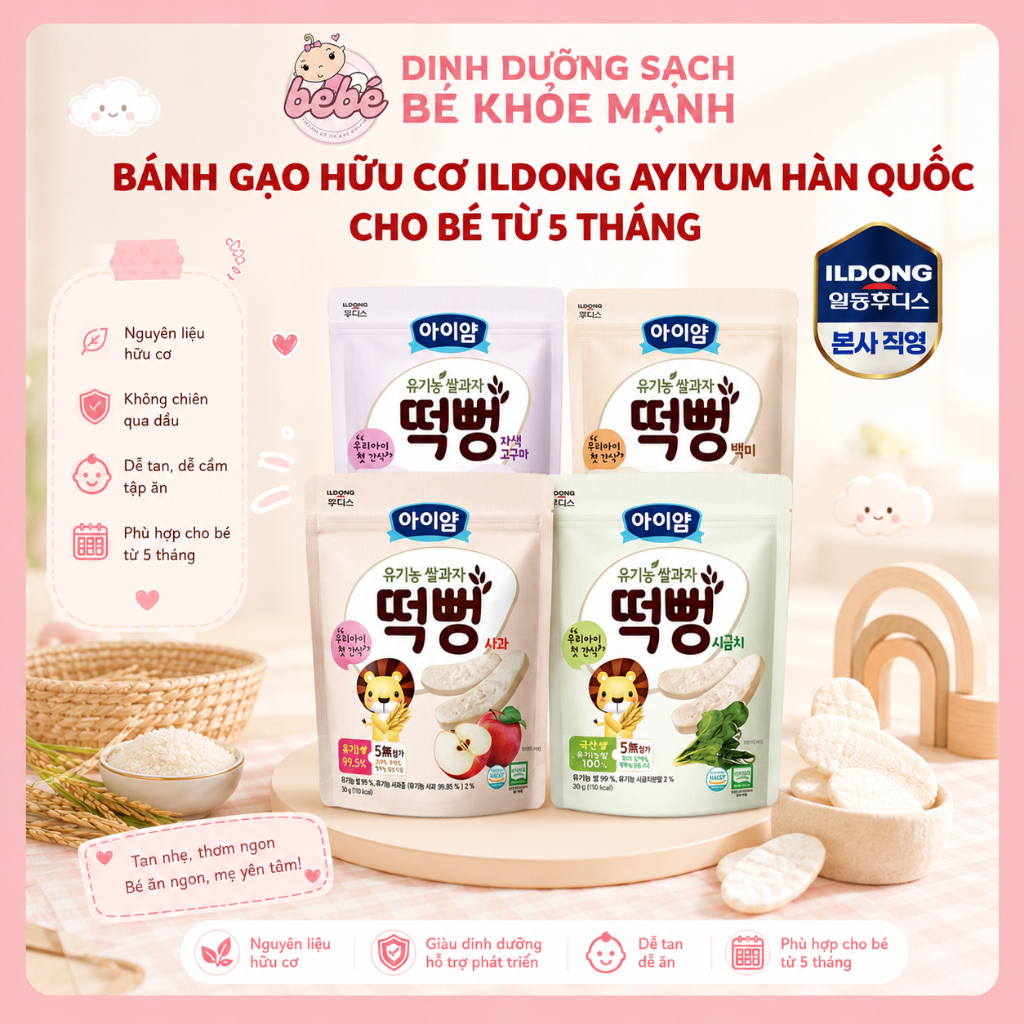 Bánh Gạo Ăn Dặm Hữu Cơ ILDONG Ayiyum 30g Cho Bé 5M+. Bánh Gạo Ăn Dặm Cho Bé