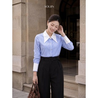 [HỎA TỐC-MỚI VỀ] Áo Sơ Mi Thiết Kế Kẻ Sọc Xanh Phối Cổ Măng SOLIIN Phong Cách Công Sở Trẻ Trung ARA SHIRT
