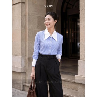 [HỎA TỐC-MỚI VỀ] Áo Sơ Mi Thiết Kế Kẻ Sọc Xanh Phối Cổ Măng SOLIIN Phong Cách Công Sở Trẻ Trung ARA SHIRT