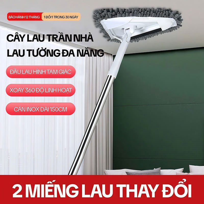 Cây Lau Trần Nhà KITIMOP A3, Cây Lau Tường Hình Tam Giác Xoay 360 Độ, Cán Dài 150CM