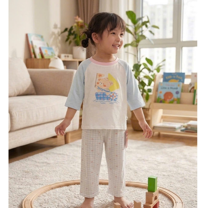 Đồ bộ ngủ cho bé sợi sồi Modal Lá Homewear MOD2, đồ bộ tay lửng quần dài raglan phối màu caro