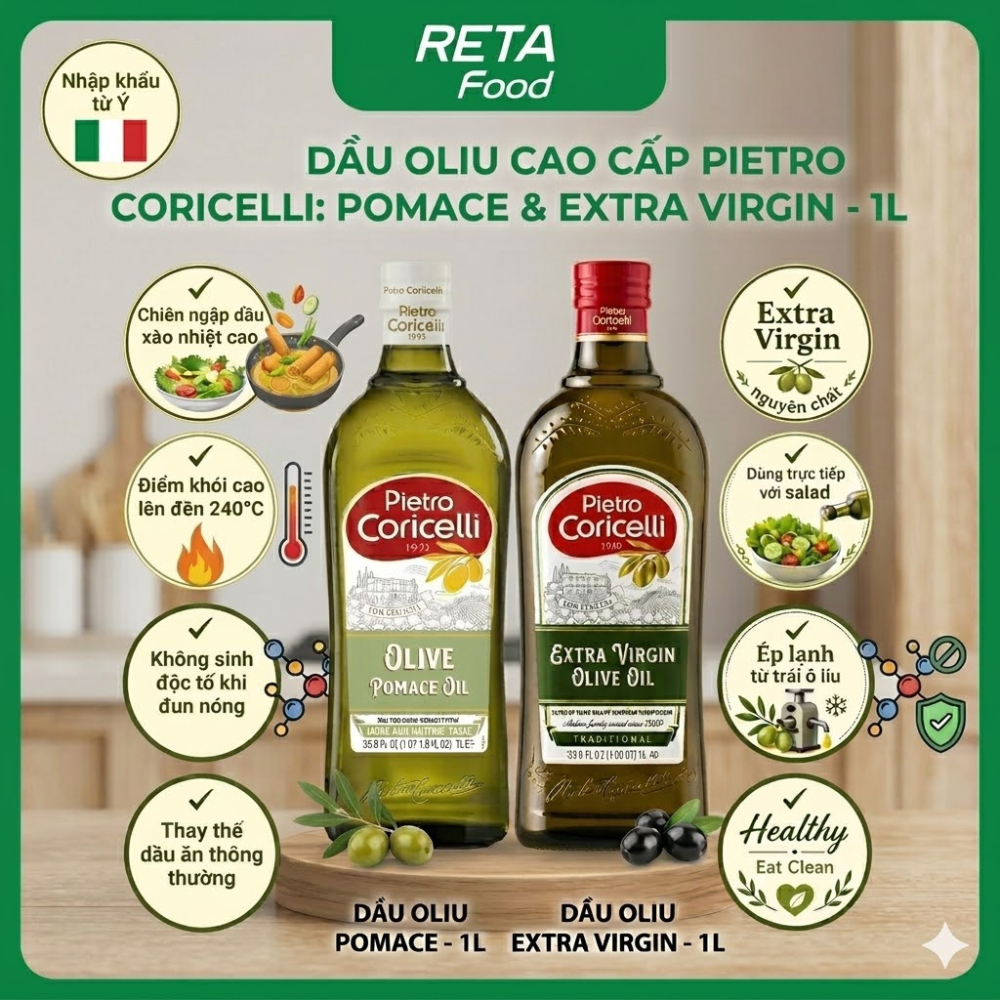 Dầu Oliu Pietro Coricelli 1L Nhập Khẩu Ý-Pomace Chiên Xào Chịu Nhiệt Cao & Extra Virgin Ép Lạnh Nguyên Chất Date 09.2027