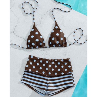[ẢNH THẬT] Bikini Nữ Chấm Bi Vintage Nâu Phối Quần Short Cạp Cao 2 Mảnh Đi Biển Tôn Dáng Quyến Rũ #333