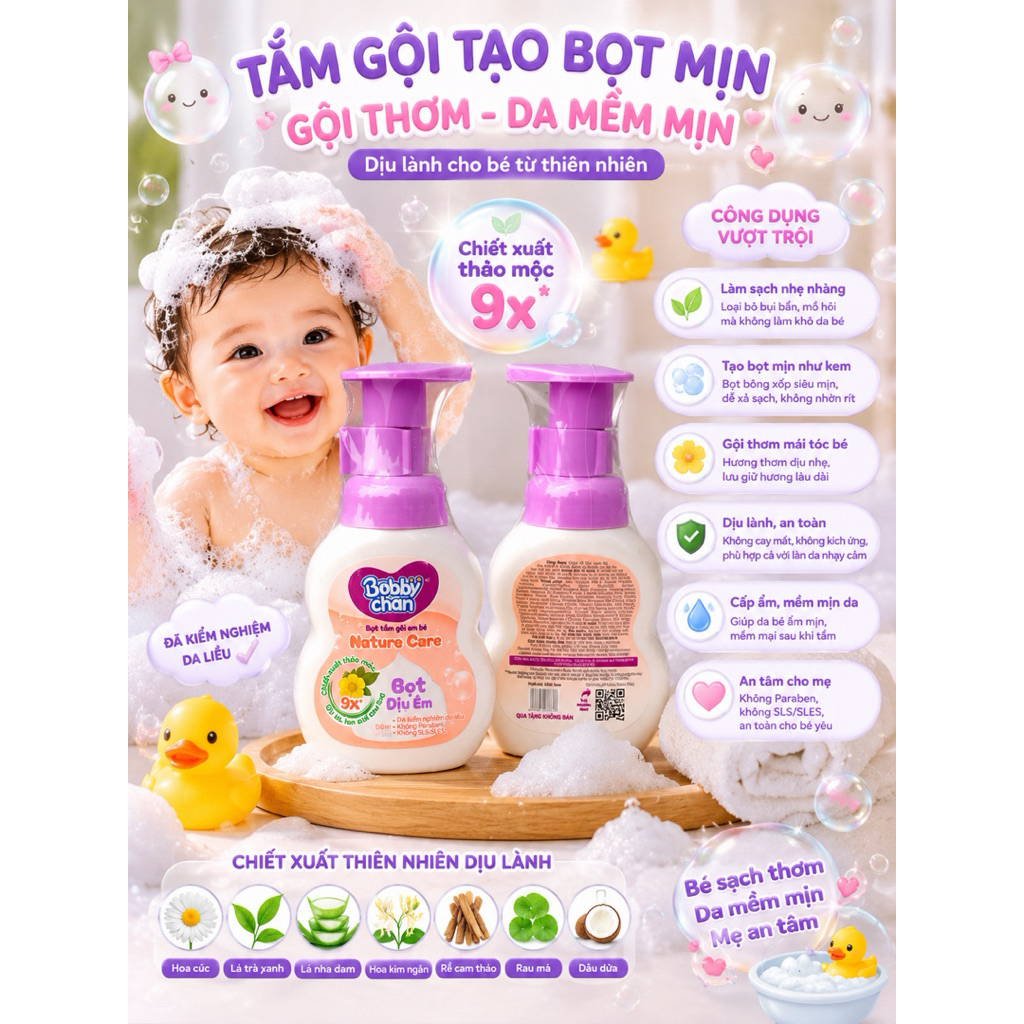 Dầu gội tắm tạo bọt dịu nhẹ cho bé bobby chan 50ml [hoả tốc]