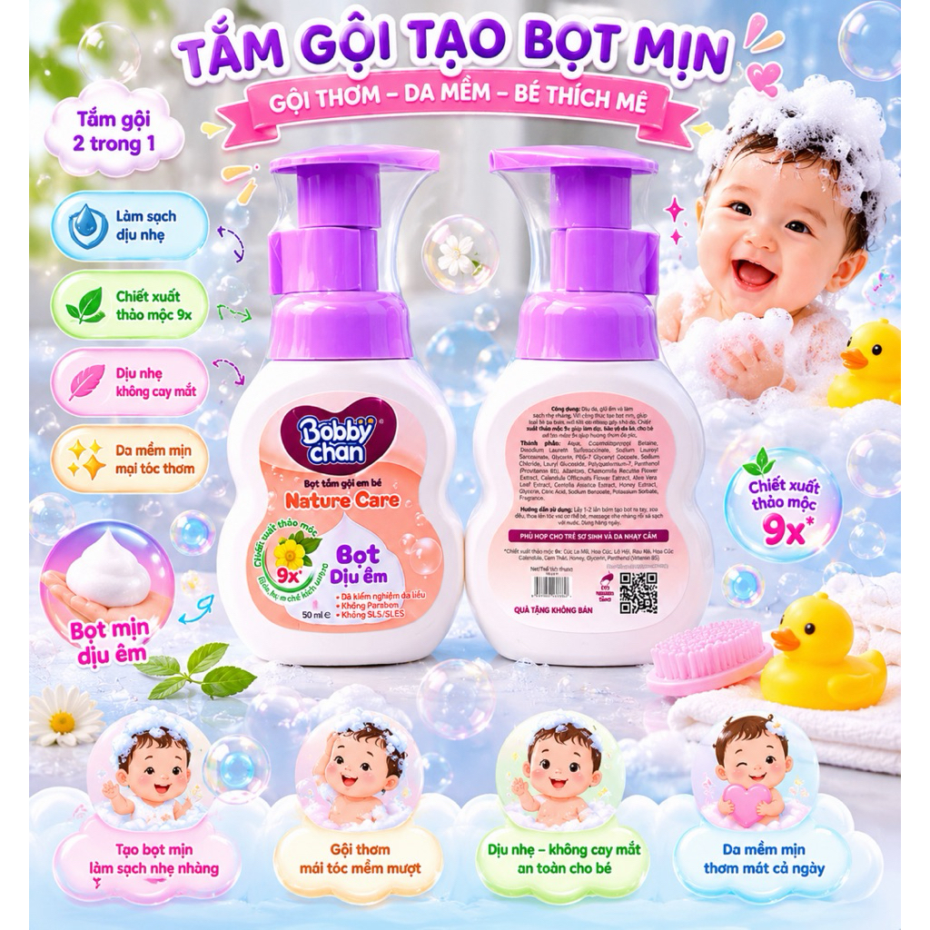 Dầu gội tắm tạo bọt dịu nhẹ cho bé bobby chan 50ml [hoả tốc]