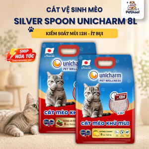 Cát vệ sinh mèo Silver Spoon Unicharm 8L chính hãng Nhật Bản | Kiểm soát mùi 12h | Ít bụi an toàn PETKOOL