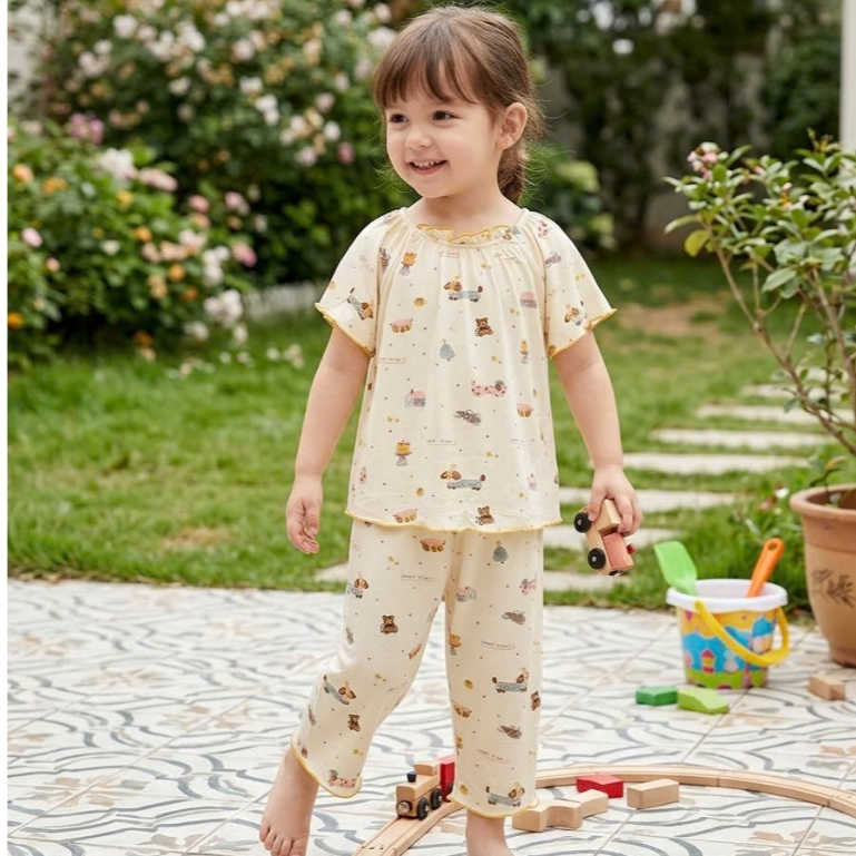 Bộ lửng bé gái sợi sồi Modal Lá Homewear MOD6, đồ bộ tay ngắn quần lỡ babydoll dễ thương vải mềm mát