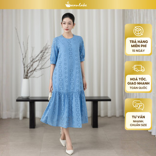 SWANLAKE | Váy Đầm Nữ Maxi Suông Đuôi Cá Vải Cotton Thêu Đục Lỗ 2 Lớp Có Túi Du Lịch Đi Biển D11522