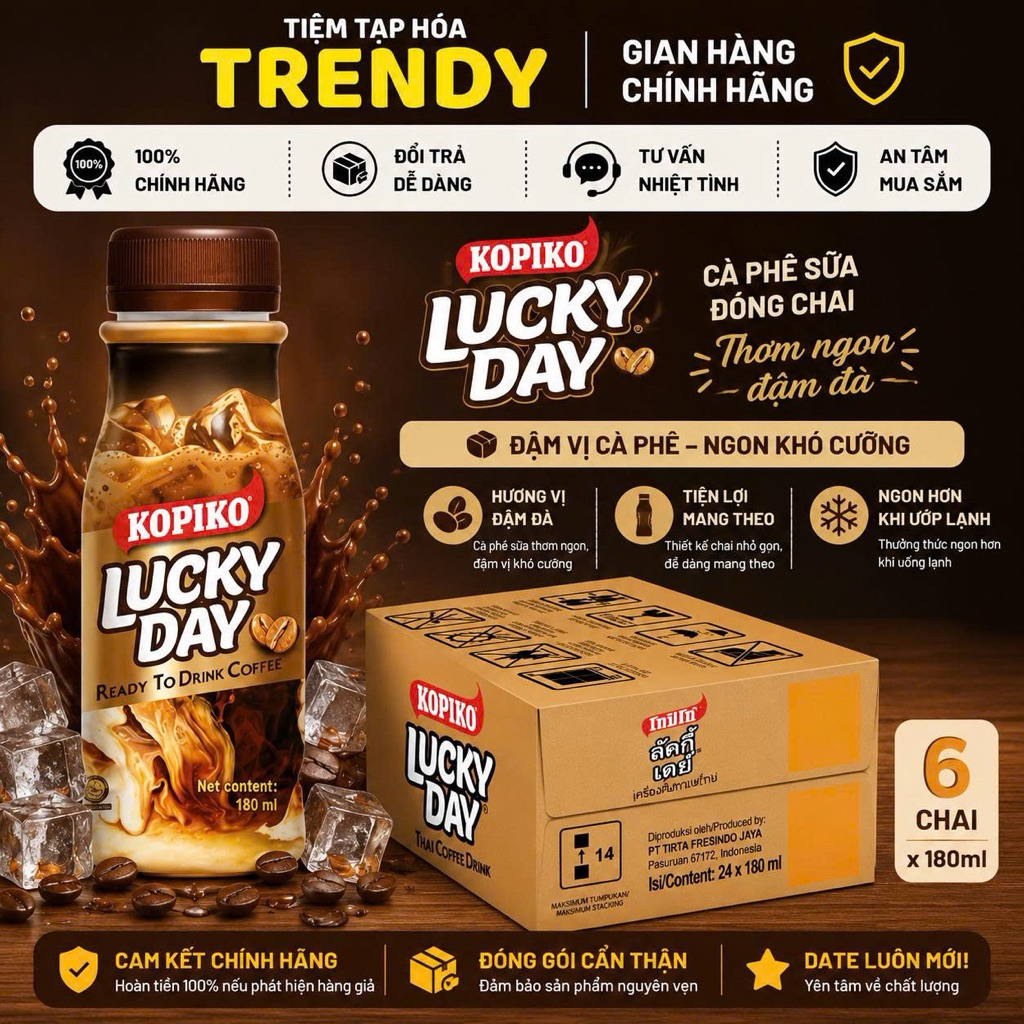 KOPIKO Lucky Day 180ml Thùng 24 Chai – Cà phê sữa đóng chai đậm đà, tiện mang theo mỗi ngày