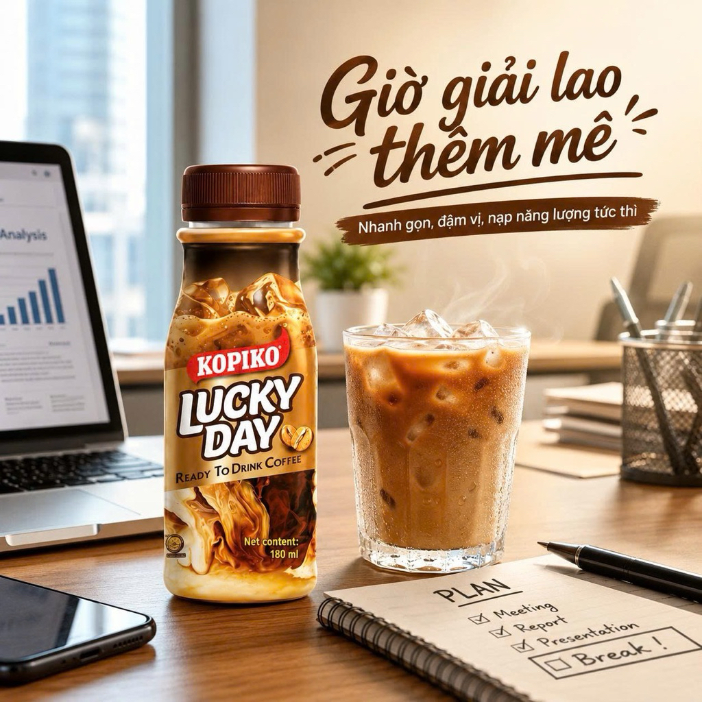 KOPIKO Lucky Day 180ml Thùng 24 Chai – Cà phê sữa đóng chai đậm đà, tiện mang theo mỗi ngày