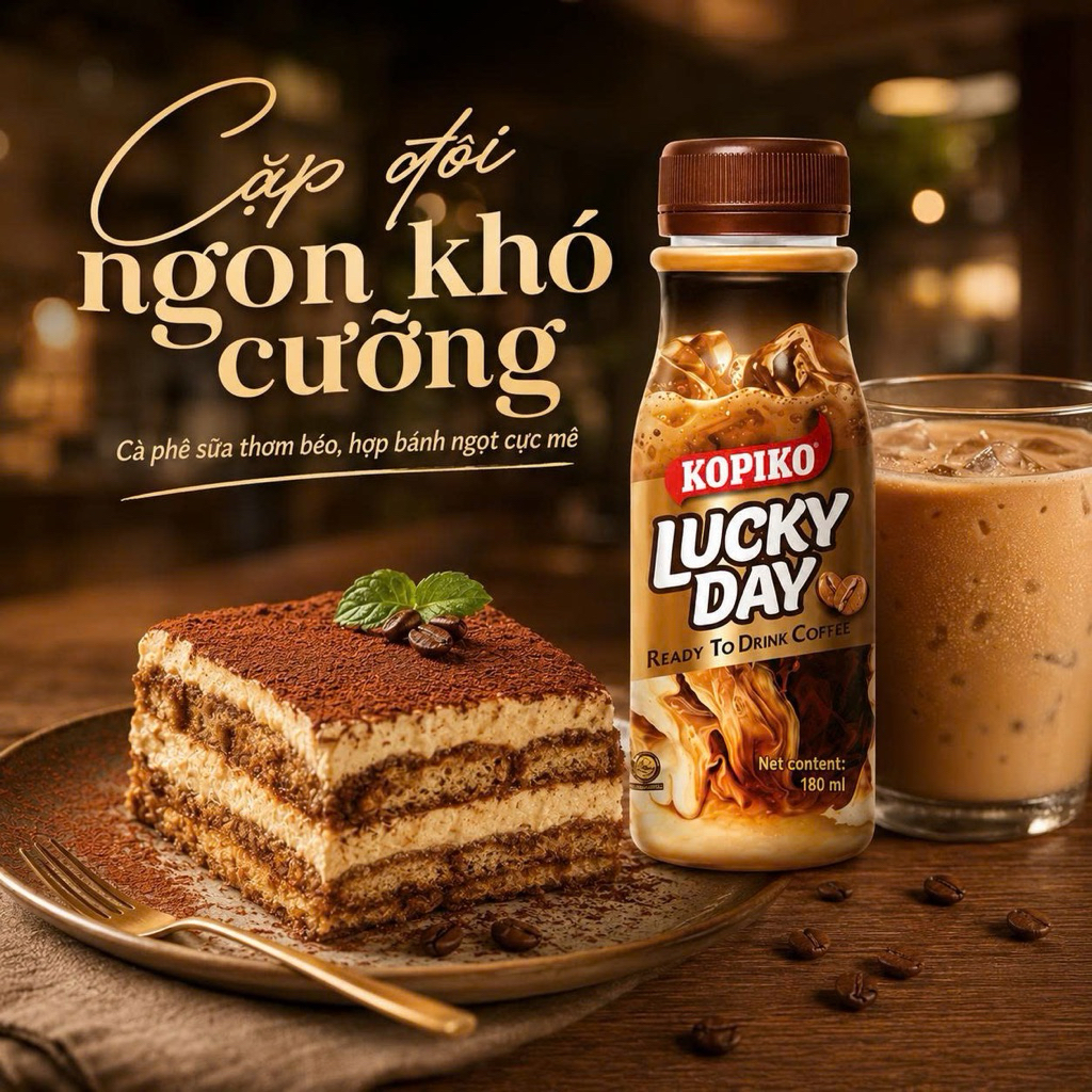 KOPIKO Lucky Day 180ml Thùng 24 Chai – Cà phê sữa đóng chai đậm đà, tiện mang theo mỗi ngày