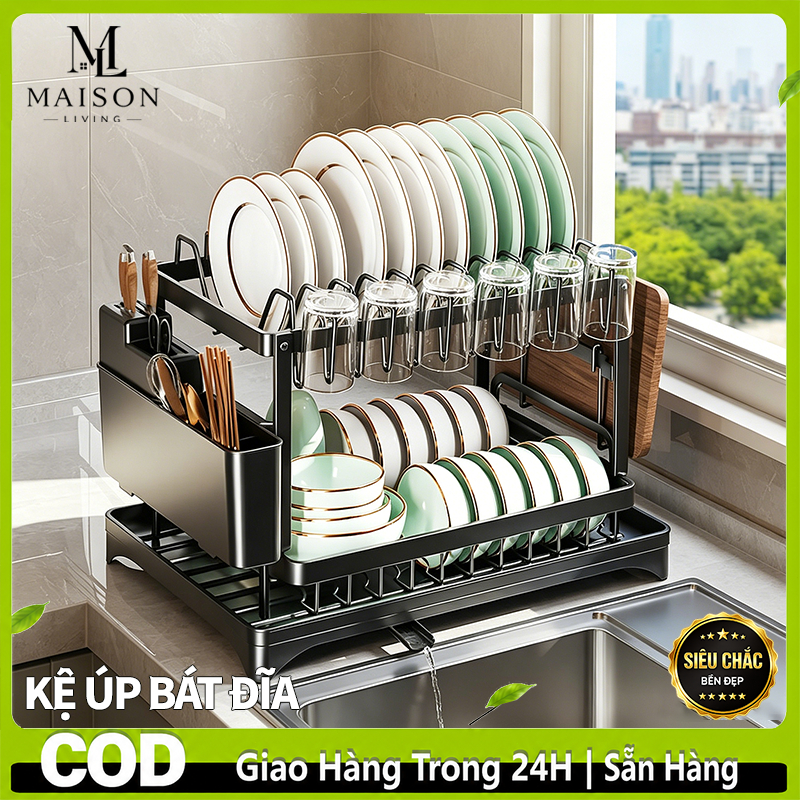 Kệ Úp Bát Đĩa 2 Tầng Có Khay Nước, Giá Để Chén Thép Carbon Chống Gỉ, Tiết Kiệm Diện Tích