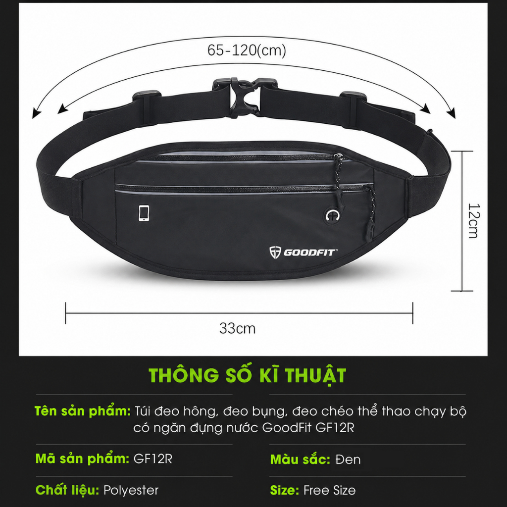Túi chạy bộ đeo hông, đeo bụng, đeo chéo thể thao chạy bộ có ngăn đựng nước GoodFit GF12R