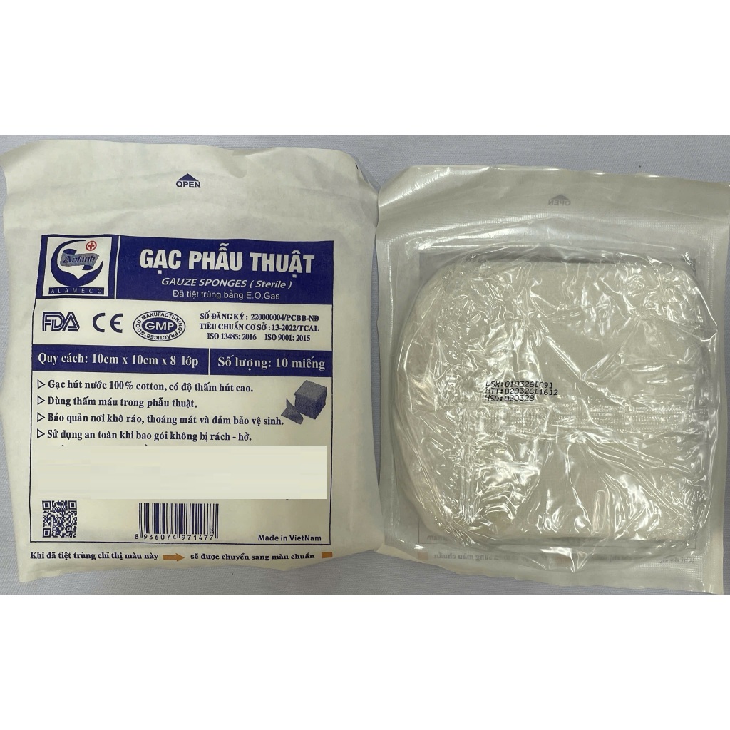 Gạc phẫu thuật tiệt trùng AL10cm x 10cm x 8 lớp.Gạc phẫu thuật An Lành sợi cotton hút nước, có độ thấm hút cao.