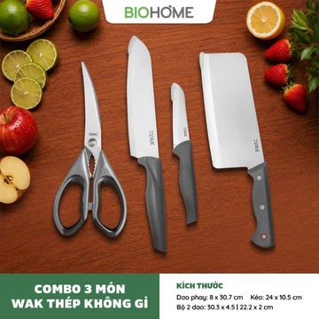 [BIOHOME] Bộ 3 Dao Kéo Nhà Bếp WAK Inox - Dao Phay + Bộ 2 Dao (Dao Thái Dao Gọt) + Kéo Nhà Bếp Sắc Bén