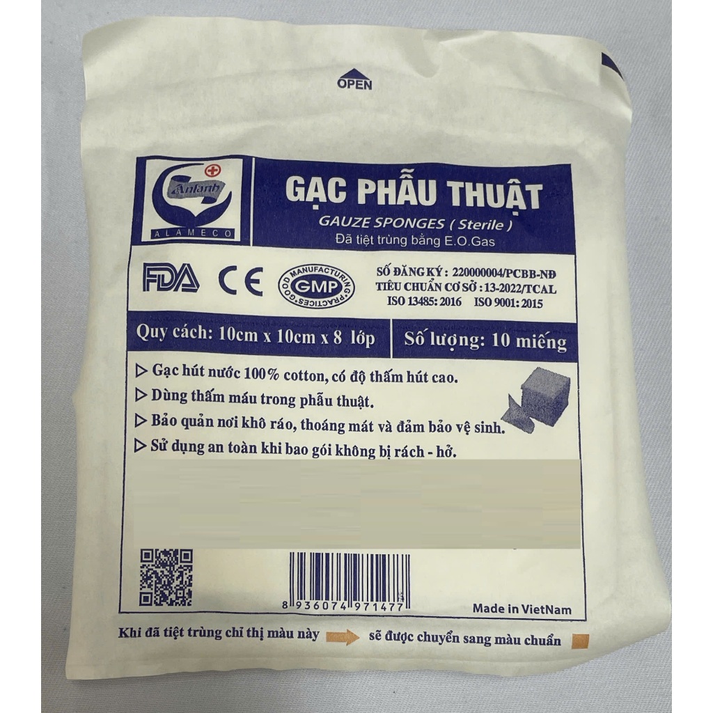 Gạc phẫu thuật tiệt trùng AL10cm x 10cm x 8 lớp.Gạc phẫu thuật An Lành sợi cotton hút nước, có độ thấm hút cao.