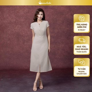 SWANLAKE | Váy Đầm Nữ Midi Cổ Chữ V Cài Nút Xếp Ly Vải Linen Tay Ngắn Thắt Eo Xẻ Tà Công Sở D13288