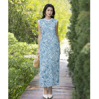 SWANLAKE | Váy Đầm Nữ Suông Maxi Sát Nách Xẻ Tà Cổ Tròn Thun In Hoạ Tiết Hè Vải Linen Công Sở D12632