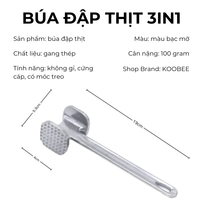 Búa Dần Thịt, Đập Tỏi Gừng 2 Đầu KOOBEE - Dụng Cụ Làm Mềm Thịt Đa Năng, Không Gỉ, Bền Đẹp | NB27