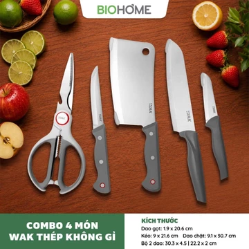 [BIOHOME] Bộ 4 Dao Kéo Nhà Bếp WAK - Bộ 2 Dao (Dao Thái Dao Gọt) + Dao Chặt + Kéo Đa Năng + Dao Gọt